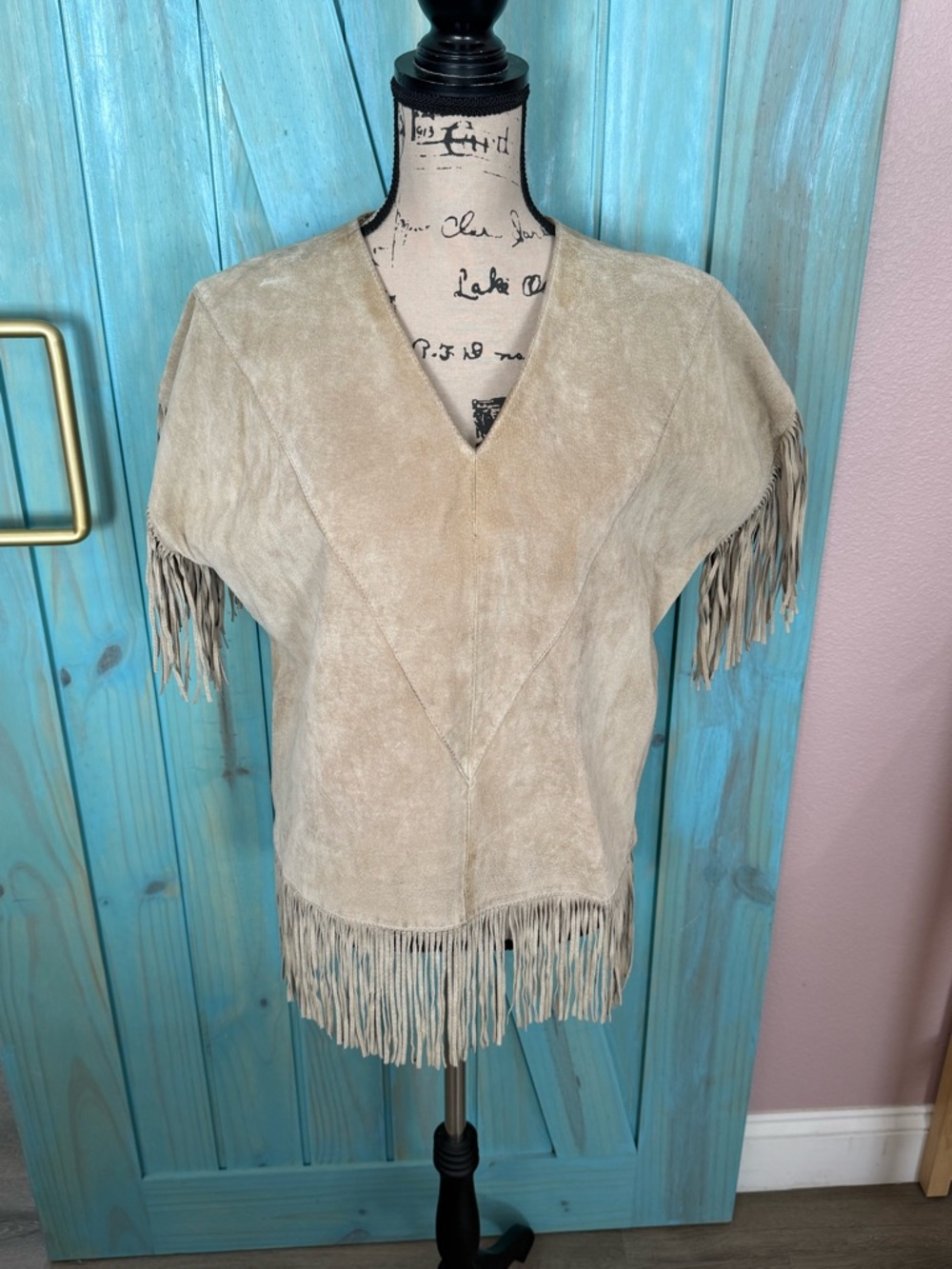 Scully Vintage Women’s Beige Suede Leather Western Fringed Poncho Top -14